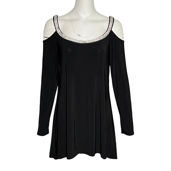 Joseph Ribkoff Slinky Black Tunic Top Size 12 Cold Shoulder Jersey Rhinestones